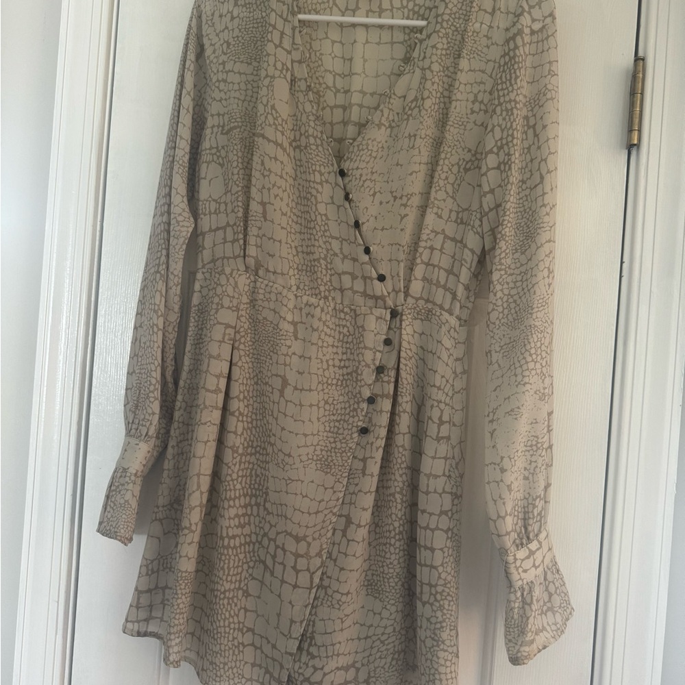 Gentle Fawn Cream/Beige and Gray Wrap Button Up Mini Dress